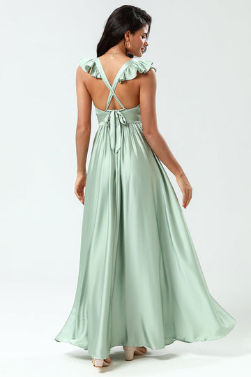 Matcha Deep A Line V-Neck Long Bridesmaid Dress with Ruffles